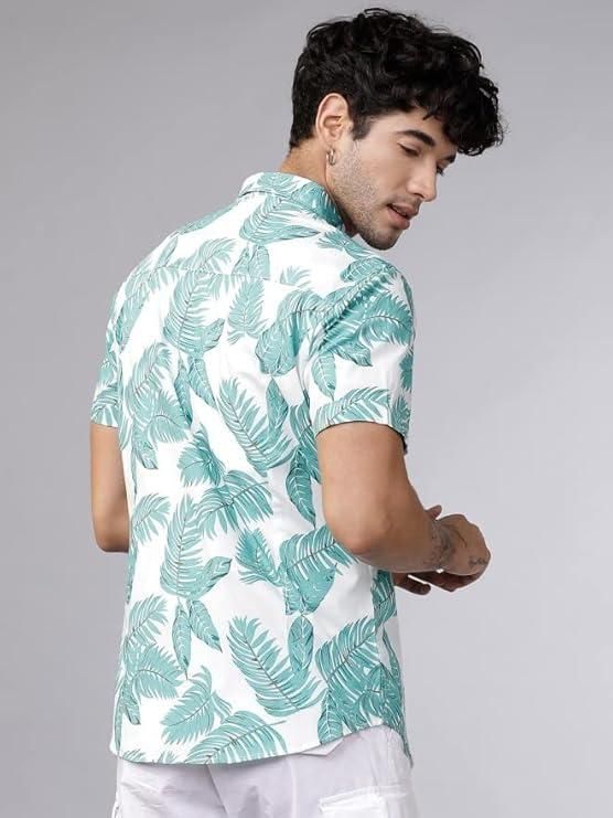 Men's Printed Half Sleeves Spread Collar Casual Shirt-White & Blue