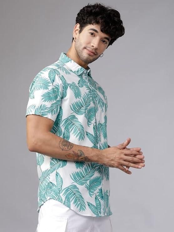 Men's Printed Half Sleeves Spread Collar Casual Shirt-White & Blue