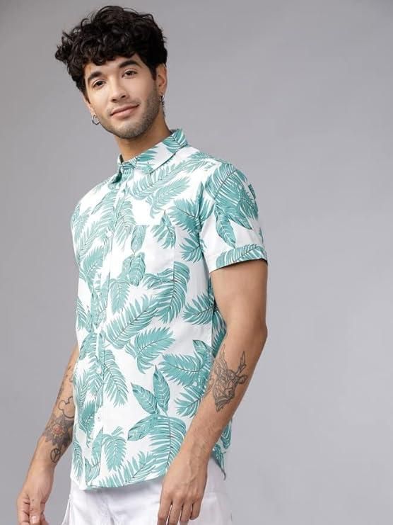 Men's Printed Half Sleeves Spread Collar Casual Shirt-White & Blue