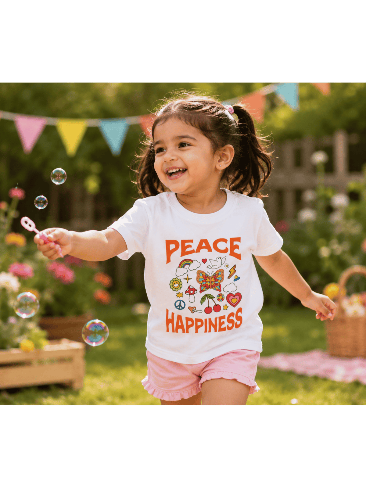 For kids: “Peace & Happiness” Girl's Crew Neck T-Shirt