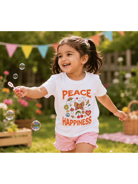 For kids: “Peace & Happiness” Girl's Crew Neck T-Shirt