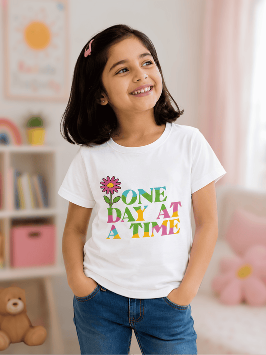 For kids: "One Day at a Time" Girl's Crew Neck T-Shirt