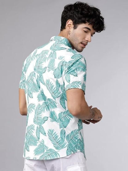 Men's Printed Half Sleeves Spread Collar Casual Shirt-White & Blue