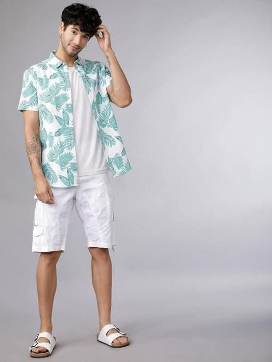 Men's Printed Half Sleeves Spread Collar Casual Shirt-White & Blue