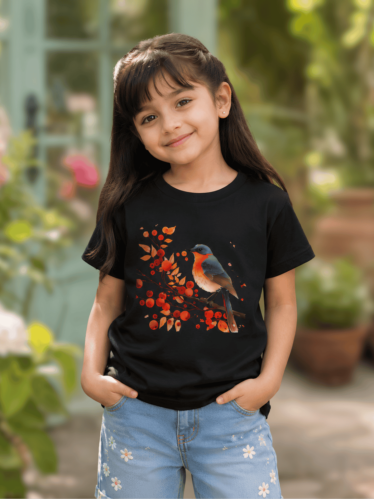 For Kids: Girl’s Artistic Bird Graphic Crew Neck T-Shirt