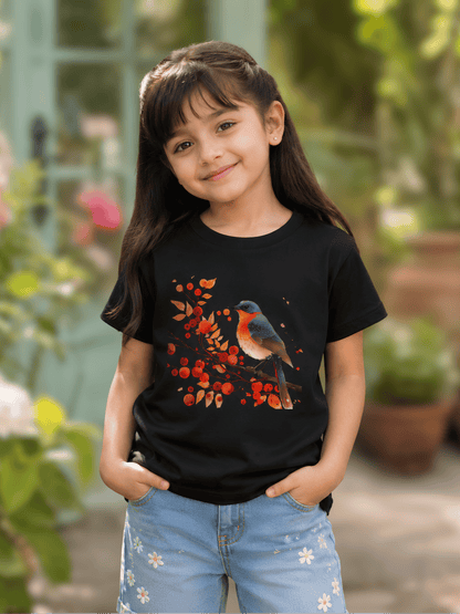 For Kids: Girl’s Artistic Bird Graphic Crew Neck T-Shirt