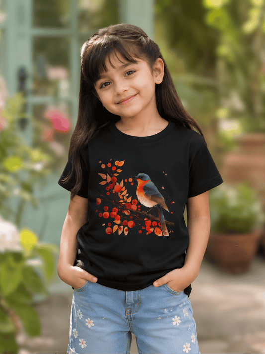 For Kids: Girl’s Artistic Bird Graphic Crew Neck T-Shirt
