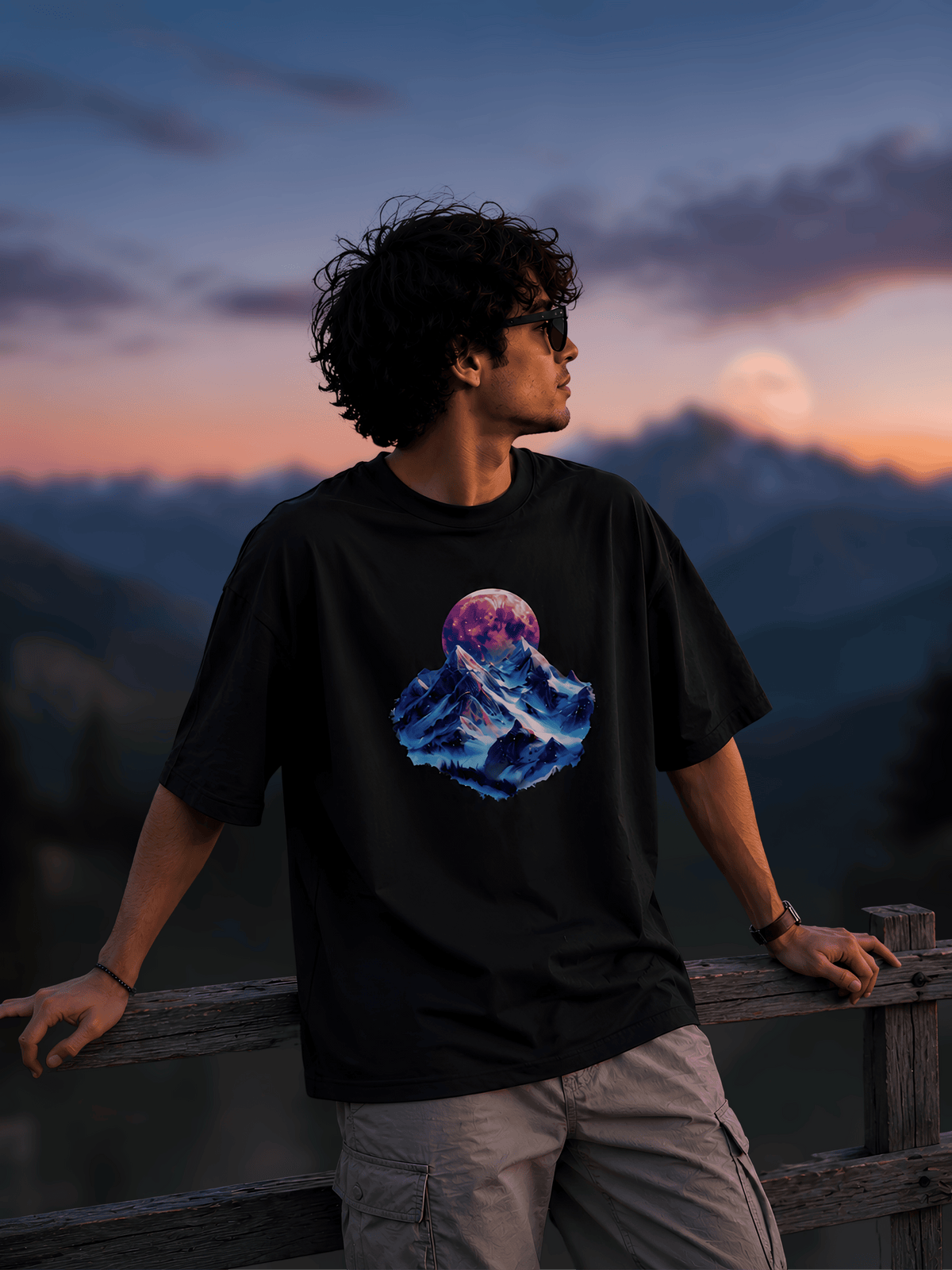 Oversized Graphic T-Shirt – Mountain & Moon Print