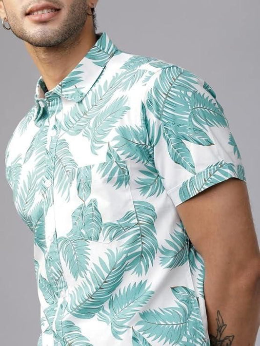 Men's Printed Half Sleeves Spread Collar Casual Shirt-White & Blue