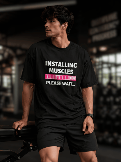“Installing Muscles Please Wait” Graphic Crew Neck T-Shirt