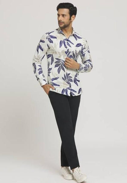 Men's Printed Regular Collar Casual Shirt Cream & Navy Blue