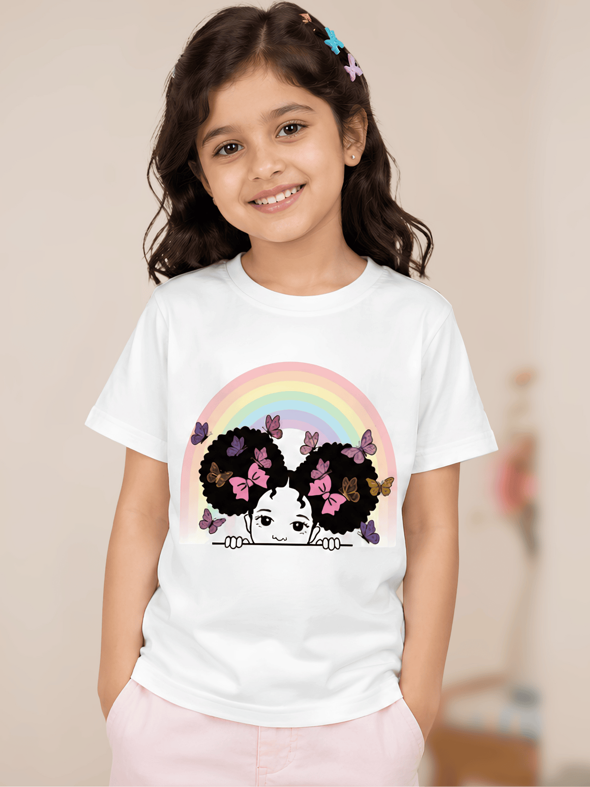 For kids: "Rainbow Butterfly Princess" Girl's Crew Neck T-Shirt