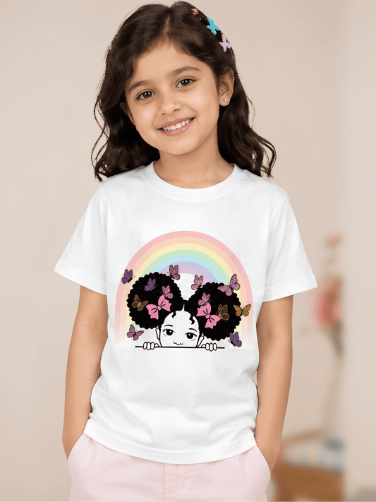 For kids: "Rainbow Butterfly Princess" Girl's Crew Neck T-Shirt