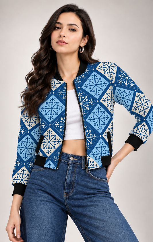 Indigo Mosaic Women’s AOP Bomber Jacket