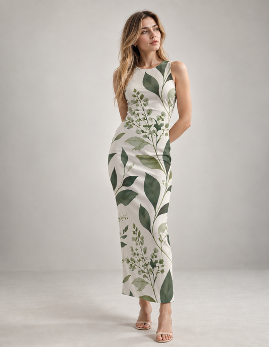 Verdant Grace AOP Bodycon Dress