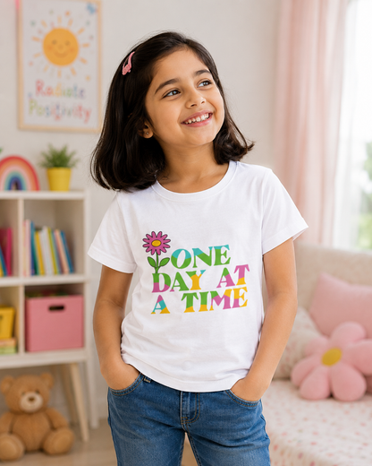 For kids: "One Day at a Time" Girl's Crew Neck T-Shirt