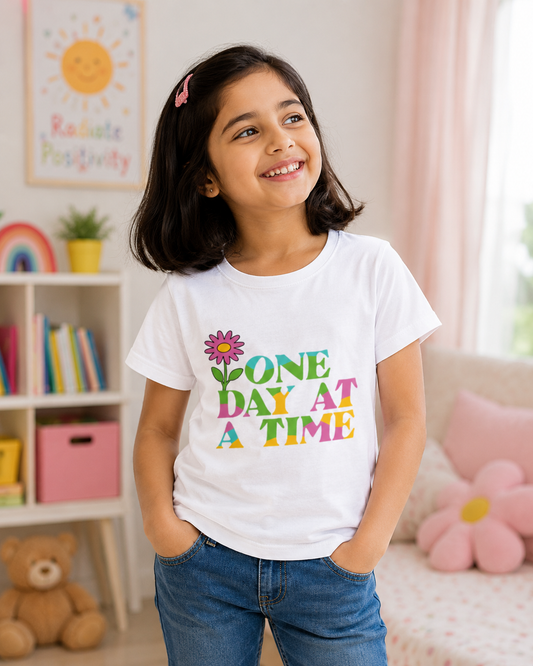 For kids: "One Day at a Time" Girl's Crew Neck T-Shirt