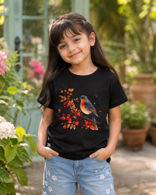 For Kids: Girl’s Artistic Bird Graphic Crew Neck T-Shirt