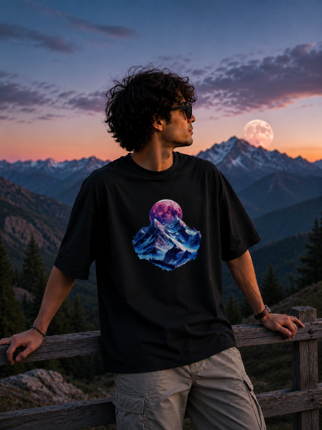 Oversized Graphic T-Shirt – Mountain & Moon Print