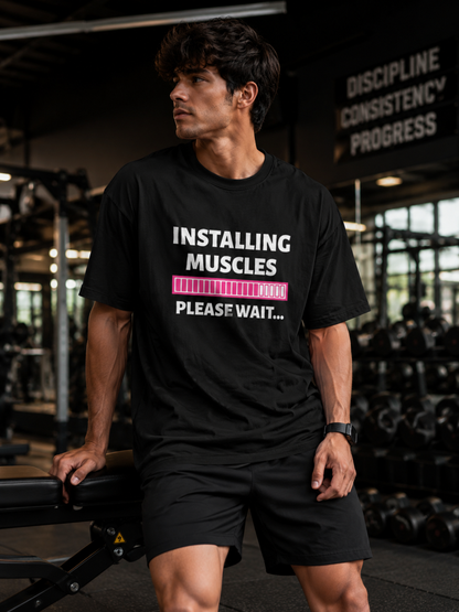 “Installing Muscles Please Wait” Graphic Crew Neck T-Shirt