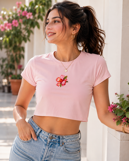 Women’s Cropped Embroidered Tee – Floral Bloom