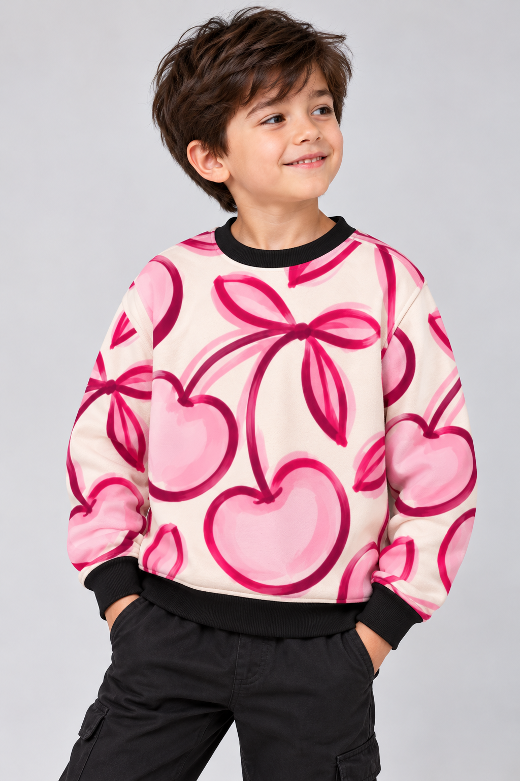 Pink Cherry Ribbon Kids AOP Sweatshirt