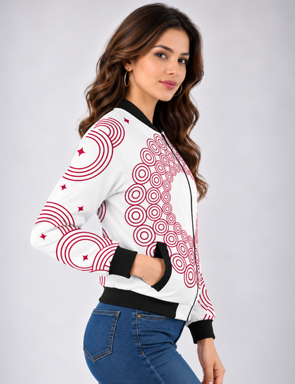 Crimson Orbit Women’s AOP Bomber Jacket