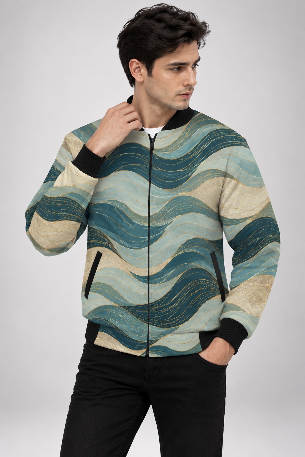 Azure Waves AOP Bomber Jacket