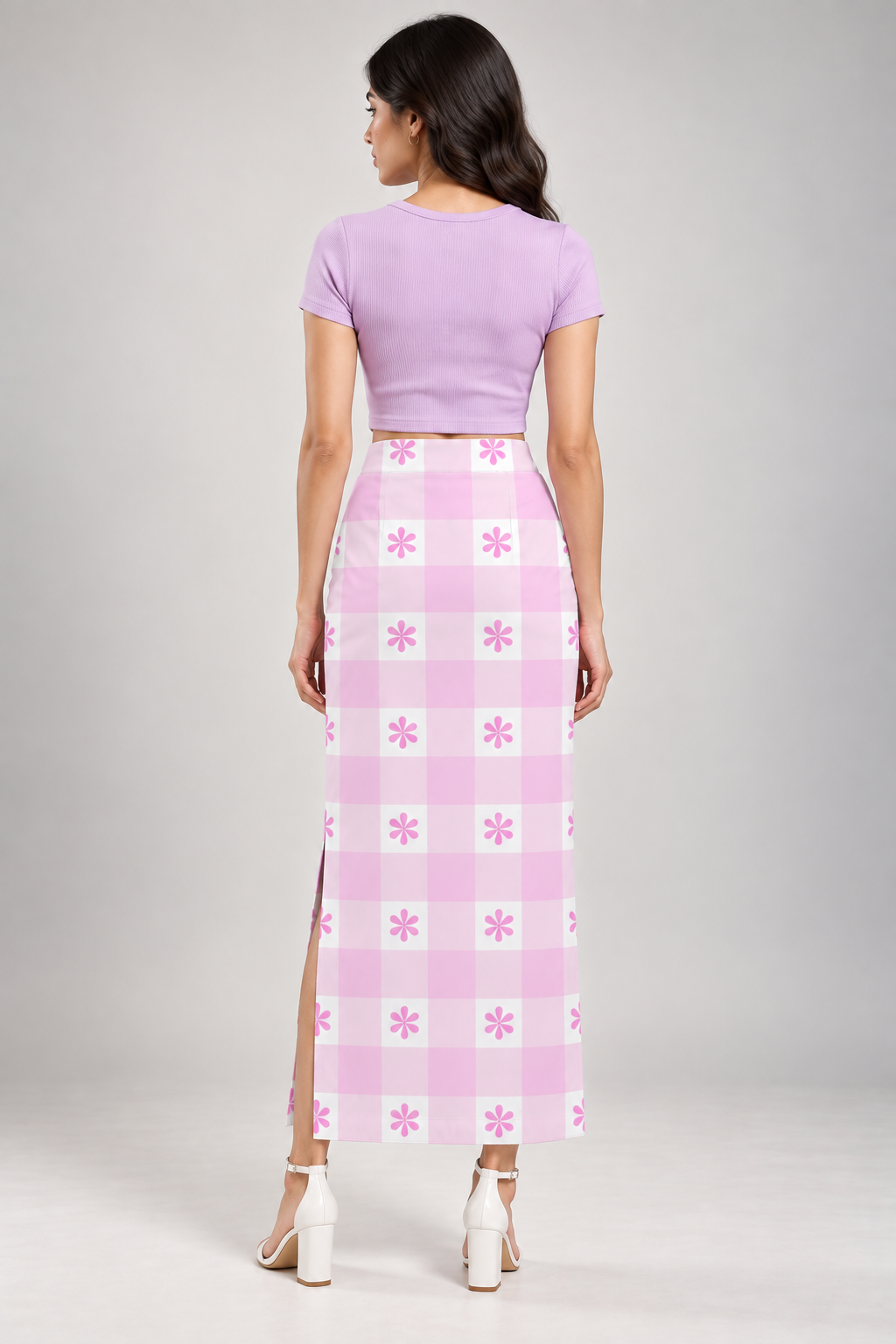 Lavender Daisy Gingham AOP Pencil Skirt