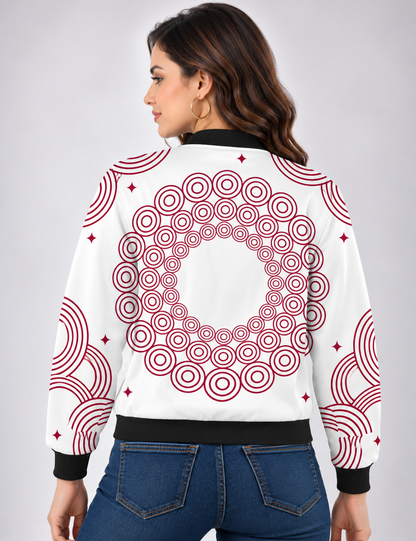 Crimson Orbit Women’s AOP Bomber Jacket