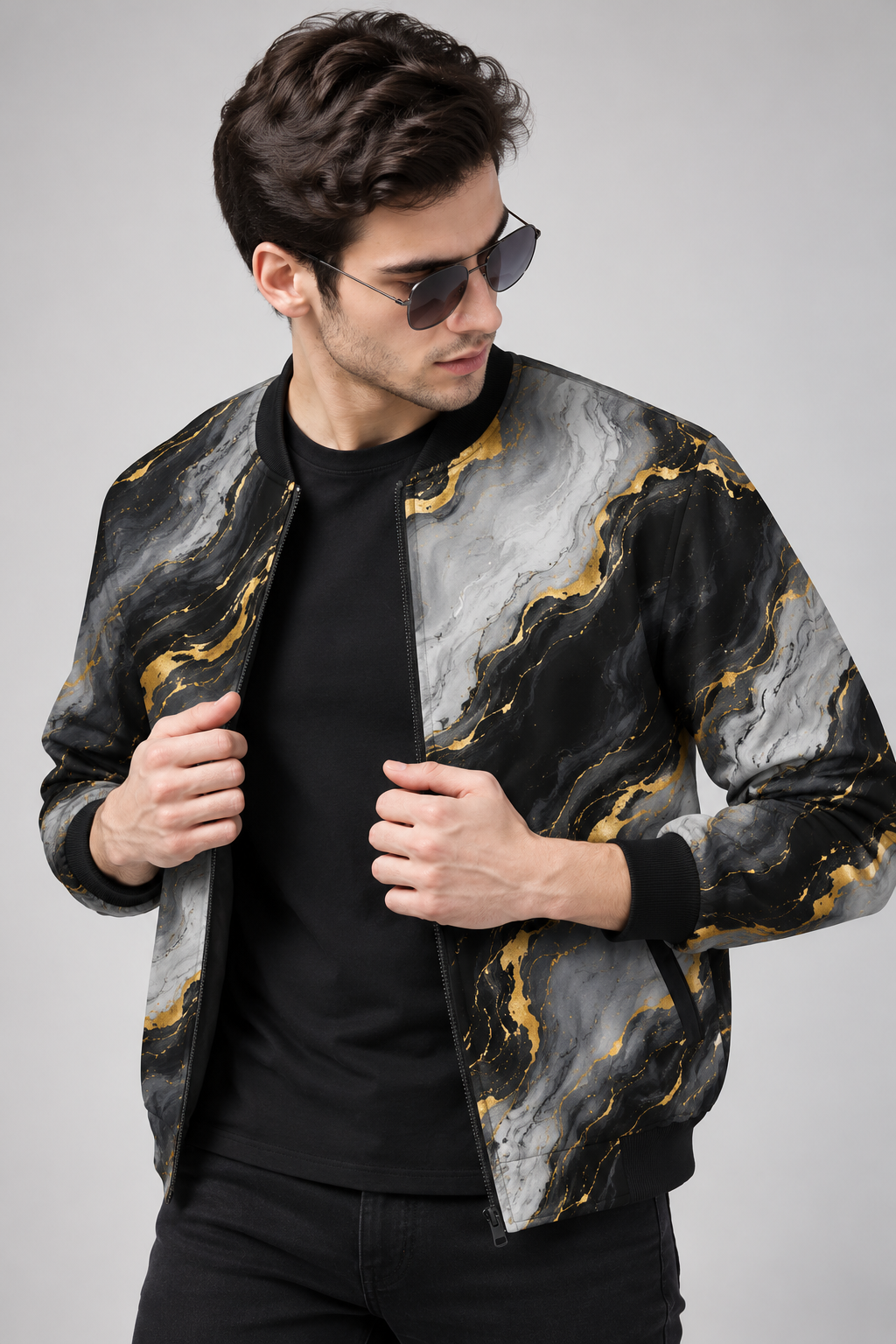 Obsidian Gold Marble Unisex AOP Bomber Jacket