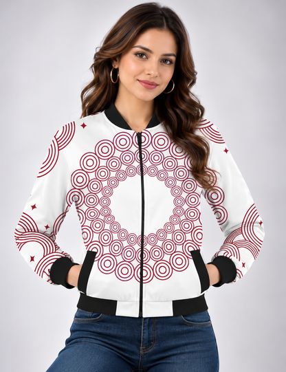 Crimson Orbit Women’s AOP Bomber Jacket